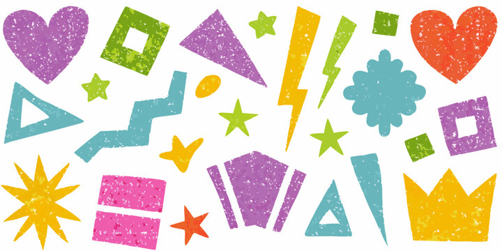 Colorful collection of playful geometric shapes and hand drawn style icons