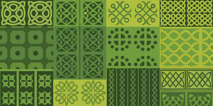 A patchwork of geometric green patterns in a grid arrangement