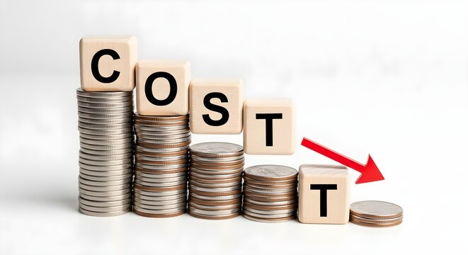 Wooden blocks spelling cost and stacked coins with red arrow showing financial savings and business expense reduction concept.