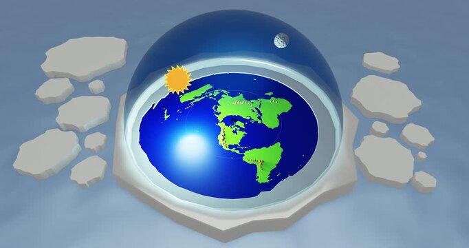 Flat Earth Conspiracy Theory Model Showing the Dome of the Firmament. 3d render video.