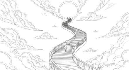 Fototapeta premium A serene pathway winds its way up to a radiant sun surrounded by majestic clouds and distant mountains under a clear sky with airy whispers of whimsy.