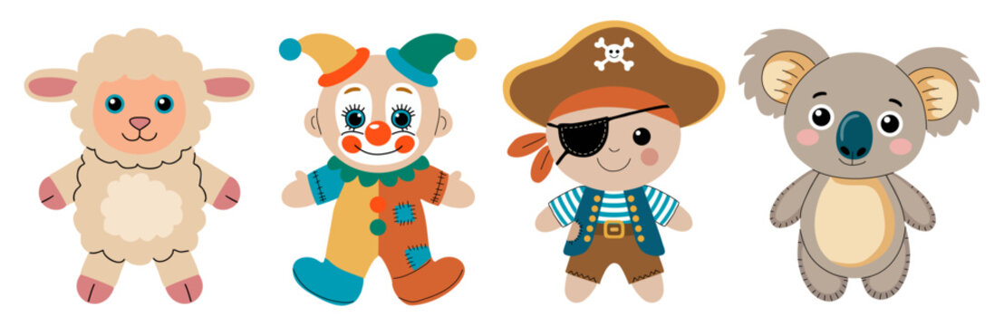 Four charming stuffed toys stand side by side. Lamb, clown, pirate, and koala each display playful smiles. Each toy wears colorful, whimsical clothing. Flat vector isolated on transparent background