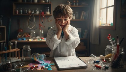 Fototapeta premium Young boy in lab coat frustrated with messy science experiment