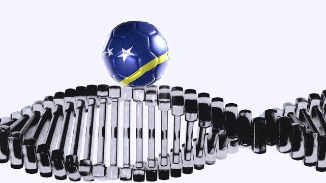 Curazao flag soccer ball spinning over DNA molecule &ndash; 3D animation 4K seamless loop, international football concept