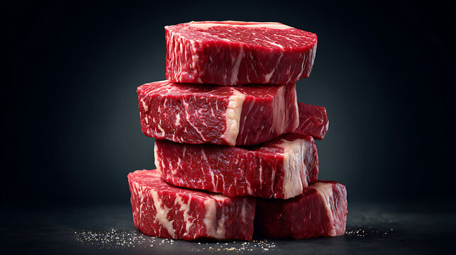 Marbled beef steak cuts stacked on dark background