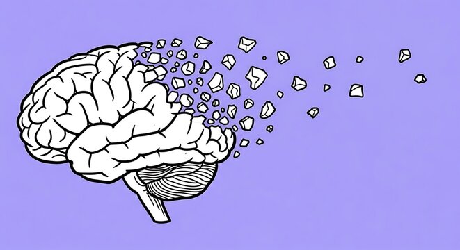 Conceptual human brain illustration, crumbling mind and memory loss concept, anatomical brain dissolving into fragments on purple background