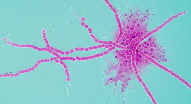 Microscopic view of bacteria with long pink rod-shaped structures and spherical cells on a light blue background with small particles