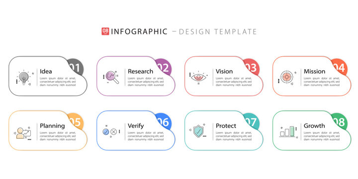 Timeline Creator infographic template. 8 Step timeline journey, calendar Flat simple infographics design template. presentation graph. Business concept with 8 options, gantt vector illustration.