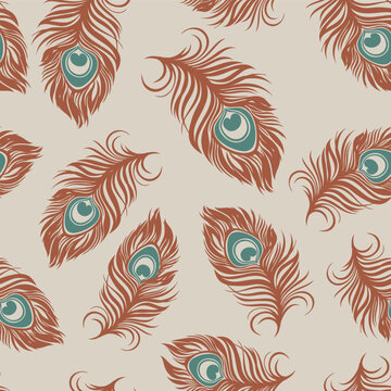 Boho Peacock Feather Seamless Pattern, Earthy Terracotta and Teal Stylized Plumage Ornament for Ethnic Decor, Modern Textile and Bohemian Wrapping Paper