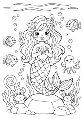 Mermaid coloring page features a cute character with sea friends underwater © Tanay