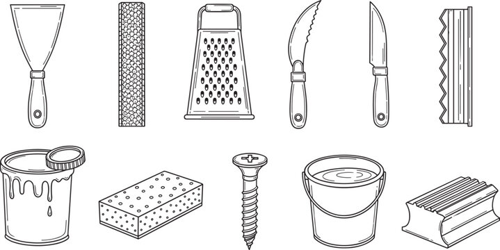 Hand drawn construction tools vector set including scraper file grater knives paint bucket sponge screw and decorative molding illustration