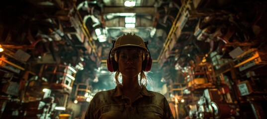 Obraz premium Cinematic Panoramic Industrial Helmeted Woman Against Layered Machinery Dramatic Lighting Contrast F