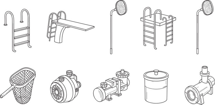 Swimming pool equipment vector set including ladder diving board shower skimmer pump filter and maintenance tools illustration