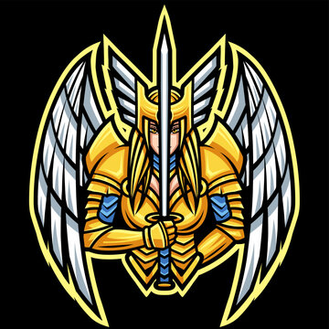 Vector graphic illustration of a Valkyrie warrior holding a sword in detailed fantasy armor, in a powerful and heroic style, isolated on a dark background. Ideal for gaming mascots, esports logo.