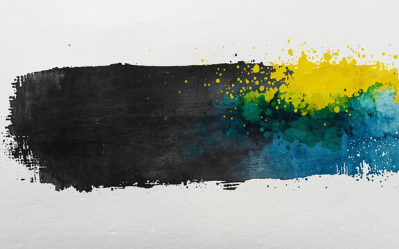 Abstract Watercolor Stroke: An abstract composition, a bold stroke of black contrasts beautifully with a splash of yellow and blue hues, creating a dynamic visual narrative