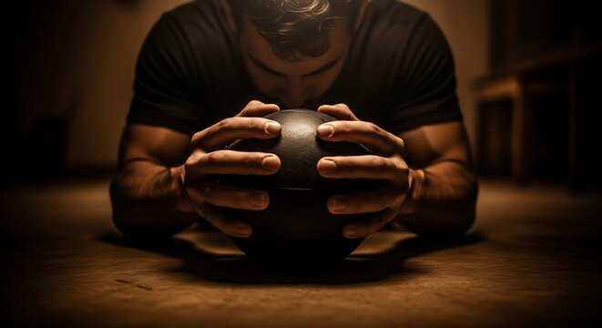 Man Praying with Hands Clasped on Ball.