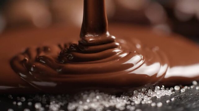 Molten chocolate pouring over sugar creating a sweet food composition