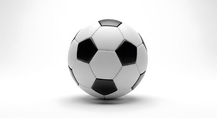 Fototapeta premium Classic black and white soccer ball, perfect sphere shape, studio soft-box lighting, subtle shadow underneath, isolated on pure white background, ultra realistic 