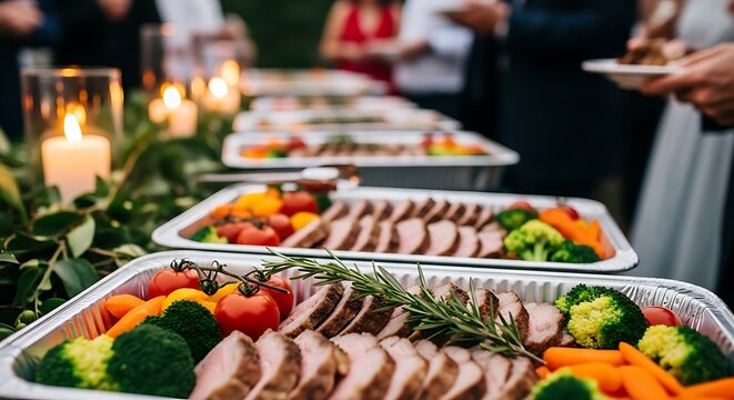 Outdoor catering setup with trays of food and illuminated candles. Guests at background