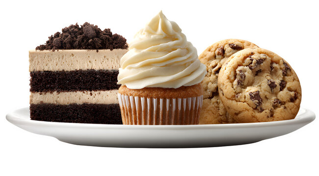 Delicious dessert trio on white plate&nbsp;featuring a rich chocolate cake, a creamy cupcake, and&nbsp; chocolate chip cookies,