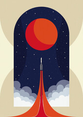 Vintage Space Rocket Launch - Retro Futurist Poster - Minimalist Flat Design Illustration © Daniele