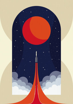 Vintage Space Rocket Launch - Retro Futurist Poster - Minimalist Flat Design Illustration