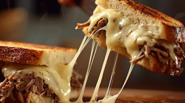 Melted cheese beef sandwich on table.