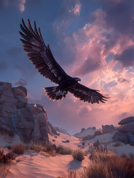 Black eagle soaring over rocky desert at sunset