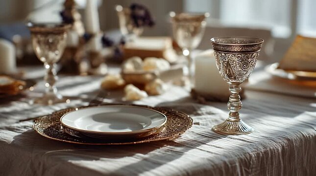 Traditional Jewish Shabbat dinner table setting.