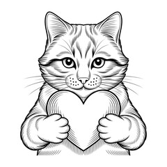 Fototapeta premium Whimsical black and white drawing of a cute cat holding a heart shape with its paws