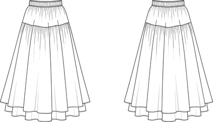 Women layered midi skirt technical fashion flat sketch with elastic waistband, flared silhouette, front and back views, elegant casual apparel design template © Nur