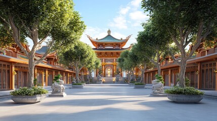 Naklejka premium Serene Chinese Temple Courtyard with Lush Trees and Stone Guardians