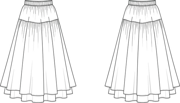 Women layered midi skirt technical fashion flat sketch with elastic waistband, flared silhouette, front and back views, elegant casual apparel design template