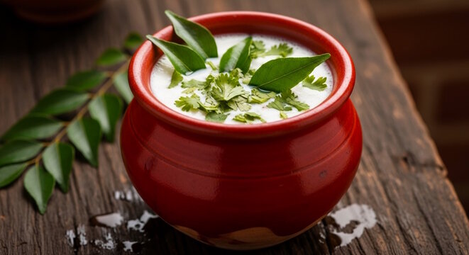 Traditional south Indian refreshing  spicy drinks Neer mor or Sambaram, also known as pacha moru, chass, made with buttermilk, herb and spices, perfect for summer drink and Hindu festival Ram navmi