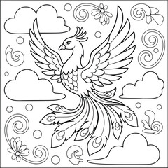 Fototapeta premium Phoenix mythical bird with floral swirls and clouds for creative coloring