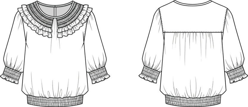 Women ruffle neck blouse technical fashion flat sketch with front and back view, smocked cuffs detail, elegant apparel template isolated on white background