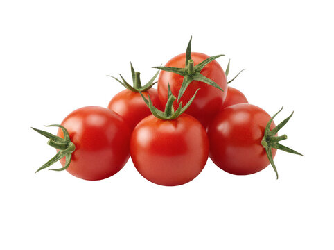 Small cluster of five plump ripe red cherry tomatoes with green stems isolated transparent background image