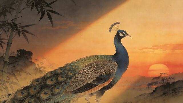 Peacock with iridescent tail feathers at sunset, bamboo in background
