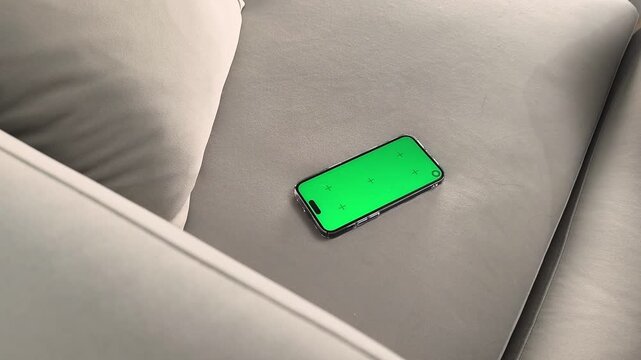 Smartphone with green screen lies horizontally on sofa and finger taps center to start video. Hand presses play on chroma display device at home. Concept streaming service, video playback,
