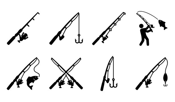 Fishing rod icon vector set with reel hook and fish symbols for outdoor logo and sport design