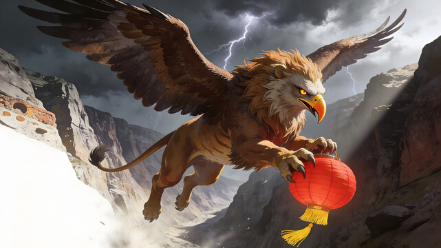Griffin with red lantern flying in stormy mountain valley
