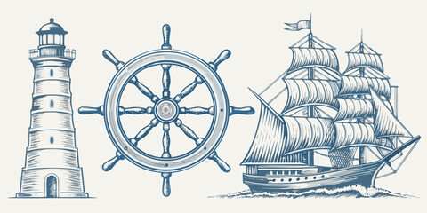 Nautical illustration featuring a lighthouse ship s wheel and a sailing ship © Savankar