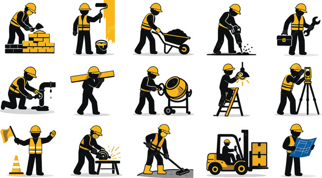 Construction worker manual labor actions icons
