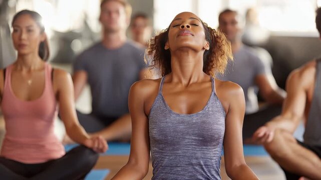 Smiling African American woman mediates with a calming presence in a group during a yoga session in a bright, peaceful studio setting at dusk