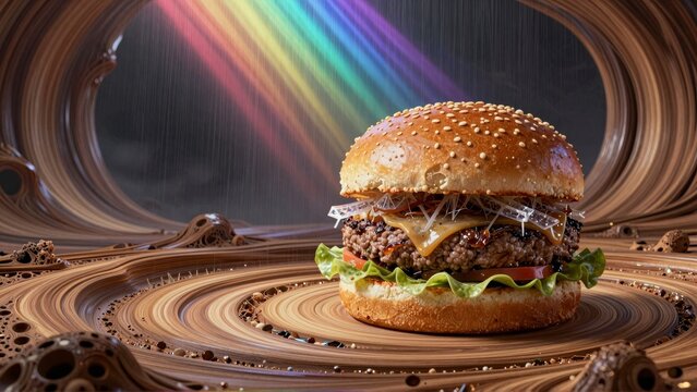 A double cheeseburger with a rainbow halo