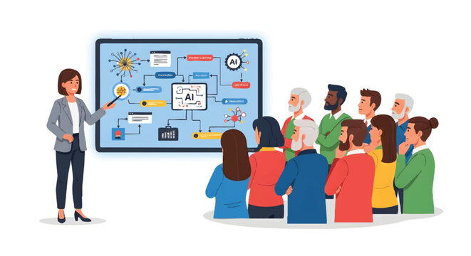 Businesswoman giving presentation to group of people
