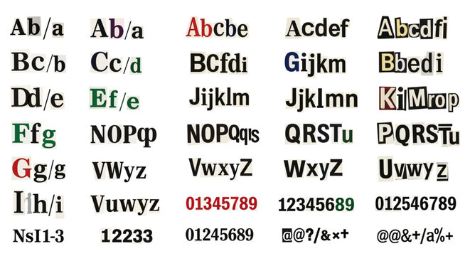 Varied typography examples showcasing different letterforms, numbers, and symbols. Explore font styles for creative visual communication and graphic design projects