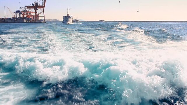 Swelling wake and white foam trail behind a fast-moving passenger ferry viewed from the stern deck, with a following ferry and Haydarpasa container port visible in the distance, Bosphorus, Istanbul