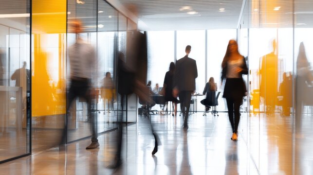Business people walking through modern office hallway with yellow accents