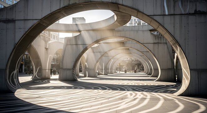 Futuristic Concrete Archway Architecture: 3D Render of Modern Urban Pavilion with Circular Geometric Structures, Volumetric Sunlight Beams, and Dramatic Shadows for Contemporary Design and Science Fic
